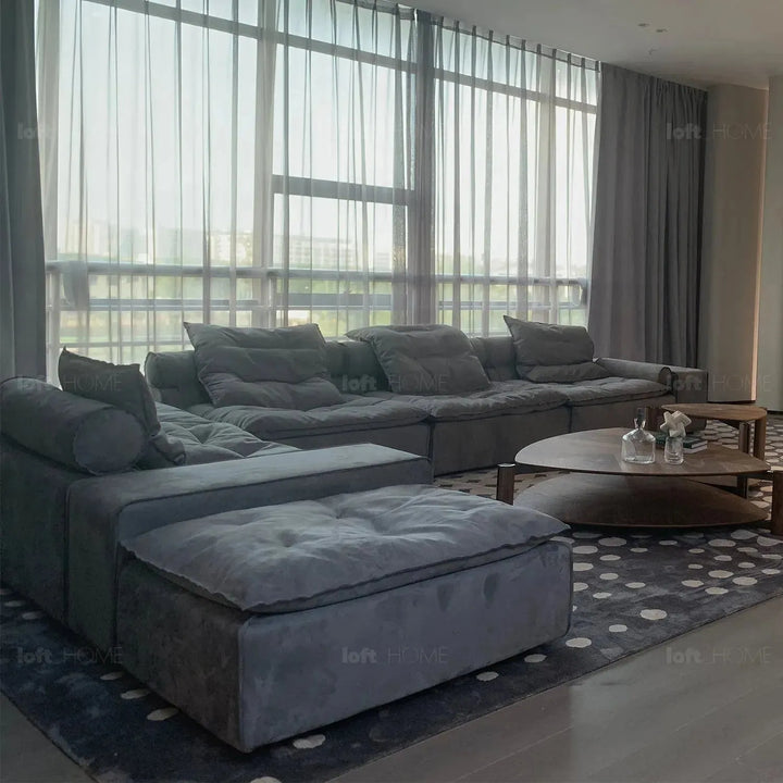 Modern fabric modular ottoman woolen in close up details.