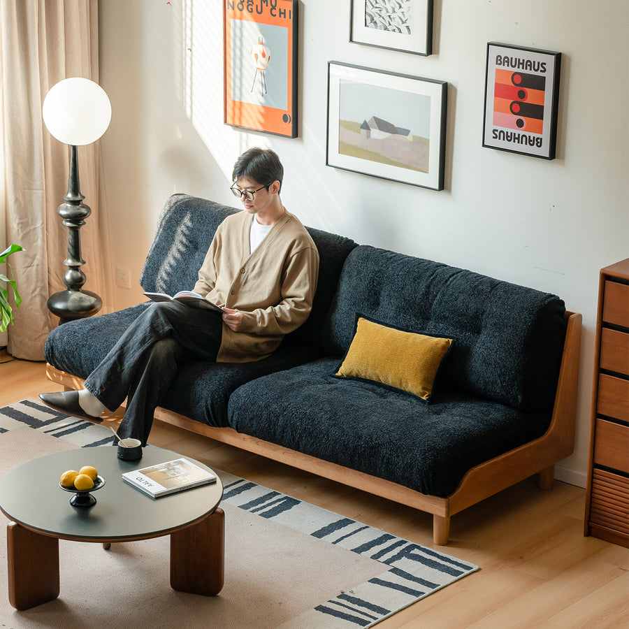 Scandinavian mixed weave fabric cherry wood 2 seater sofa undermoon primary product view.