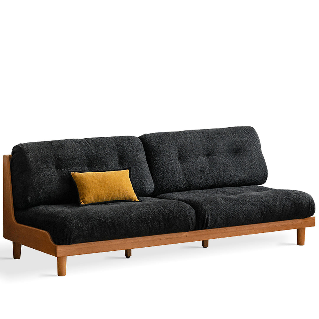 Scandinavian mixed weave fabric cherry wood 3 seater sofa undermoon in white background.