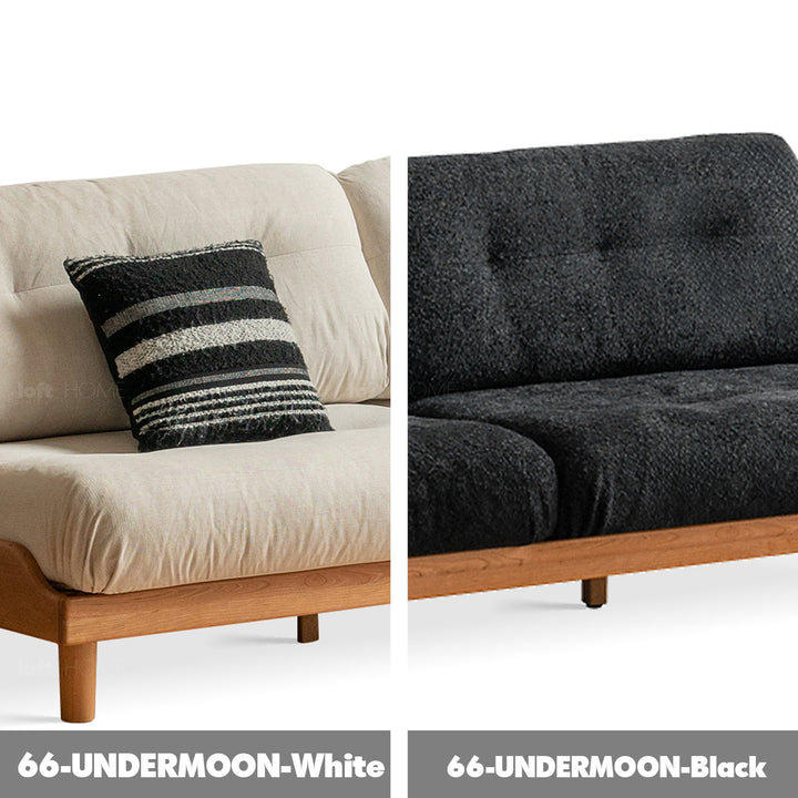 Scandinavian mixed weave fabric cherry wood 3 seater sofa undermoon color swatches.