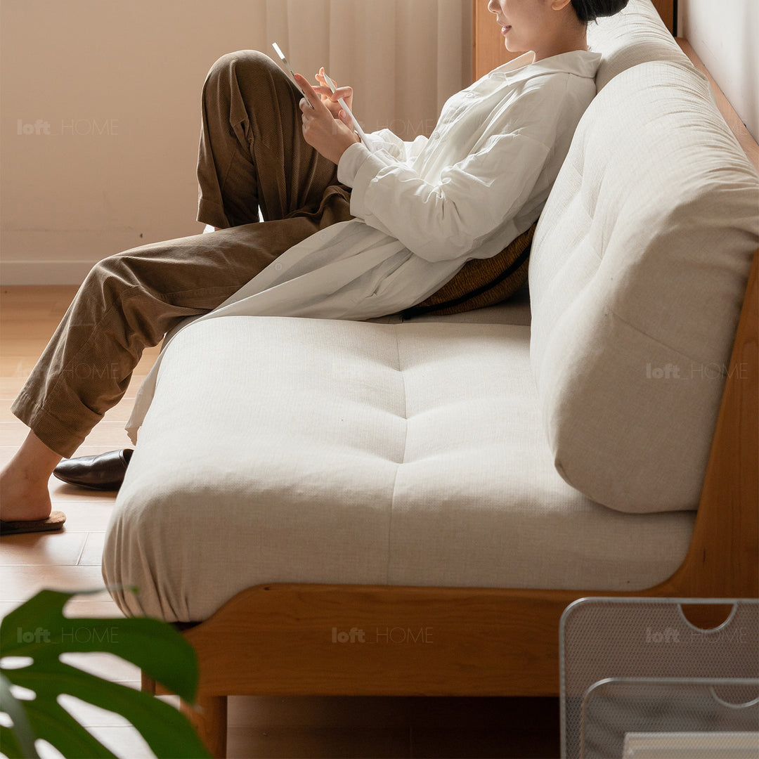 Scandinavian mixed weave fabric cherry wood 3 seater sofa undermoon material variants.