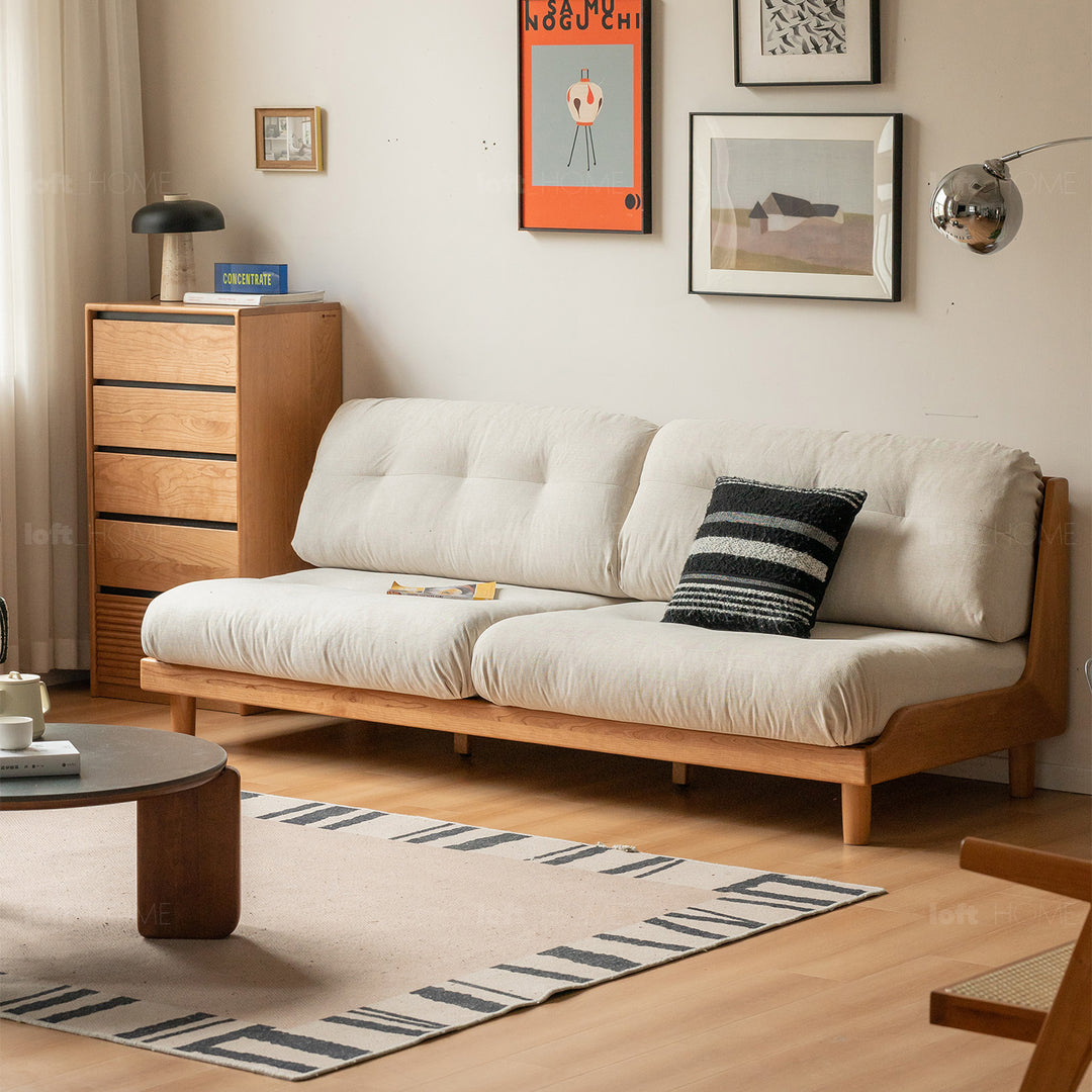 Scandinavian mixed weave fabric cherry wood 3 seater sofa undermoon in real life style.