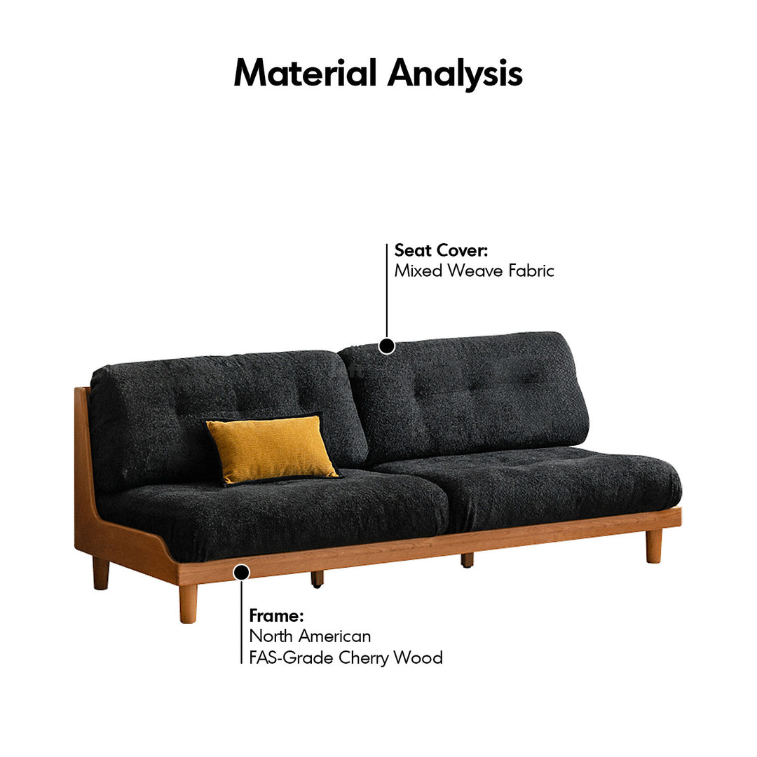 Scandinavian mixed weave fabric cherry wood 3 seater sofa undermoon in details.