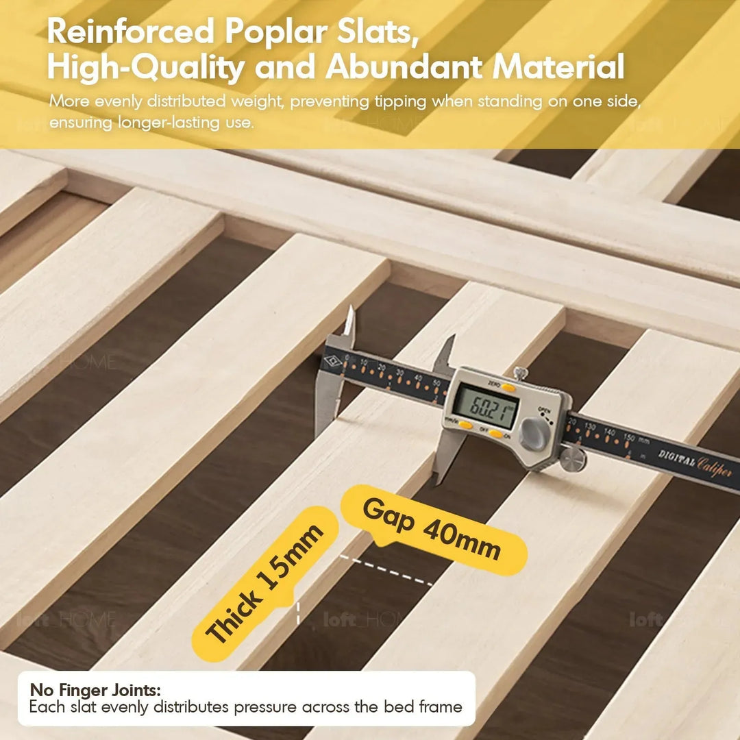 Scandinavian oak wood platform bed grimm in panoramic view.