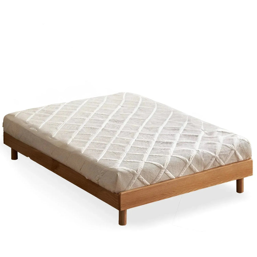 Scandinavian oak wood platform bed grimm in white background.