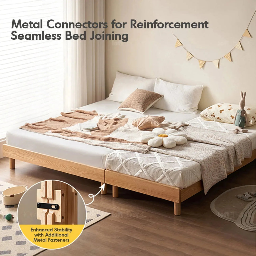 Scandinavian oak wood platform bed grimm material variants.