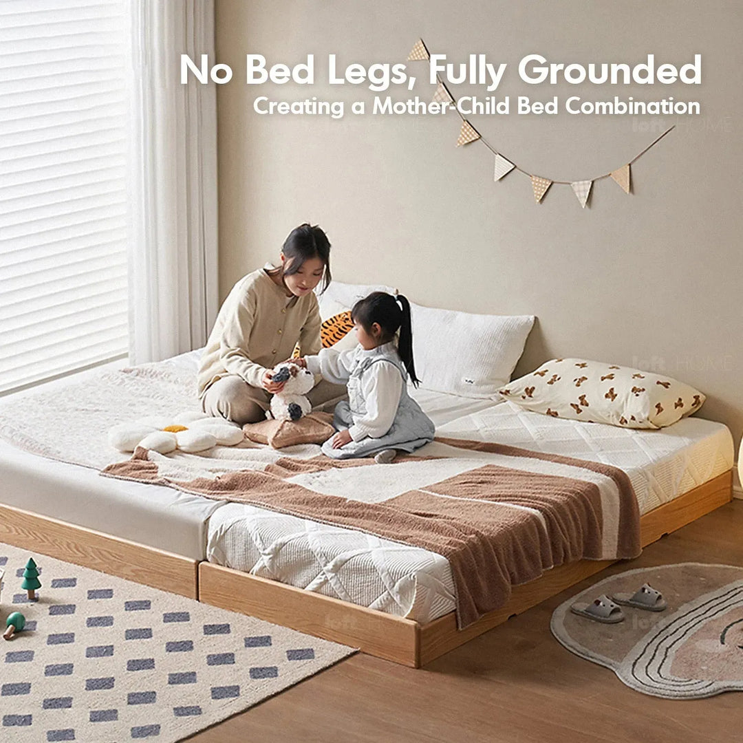 Scandinavian oak wood platform bed grimm in details.