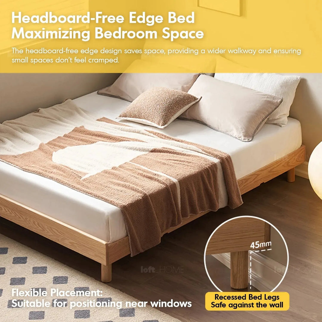 Scandinavian oak wood platform bed grimm in close up details.