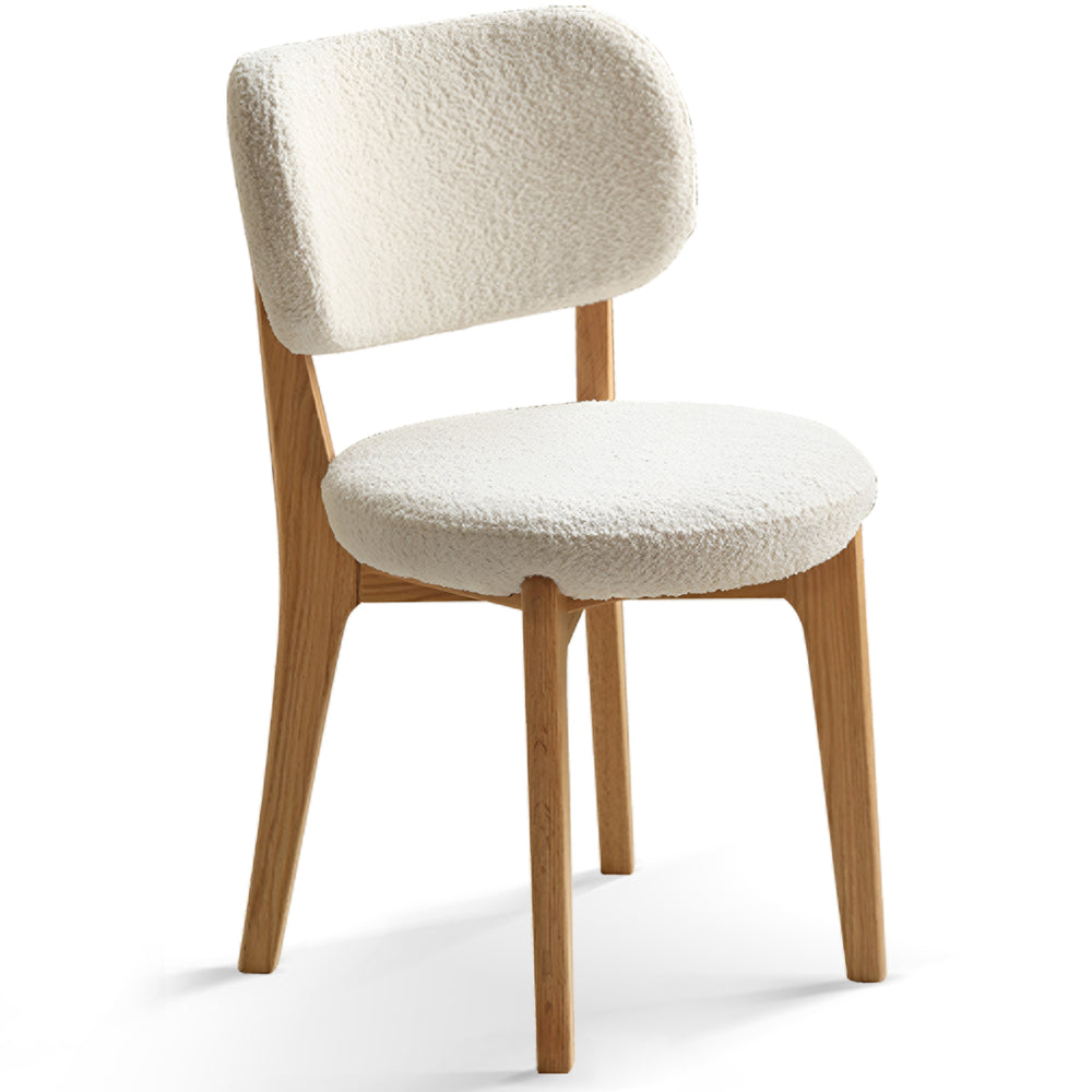 Scandinavian oak wood boucle fabric cover removable dining chair cloud in white background.