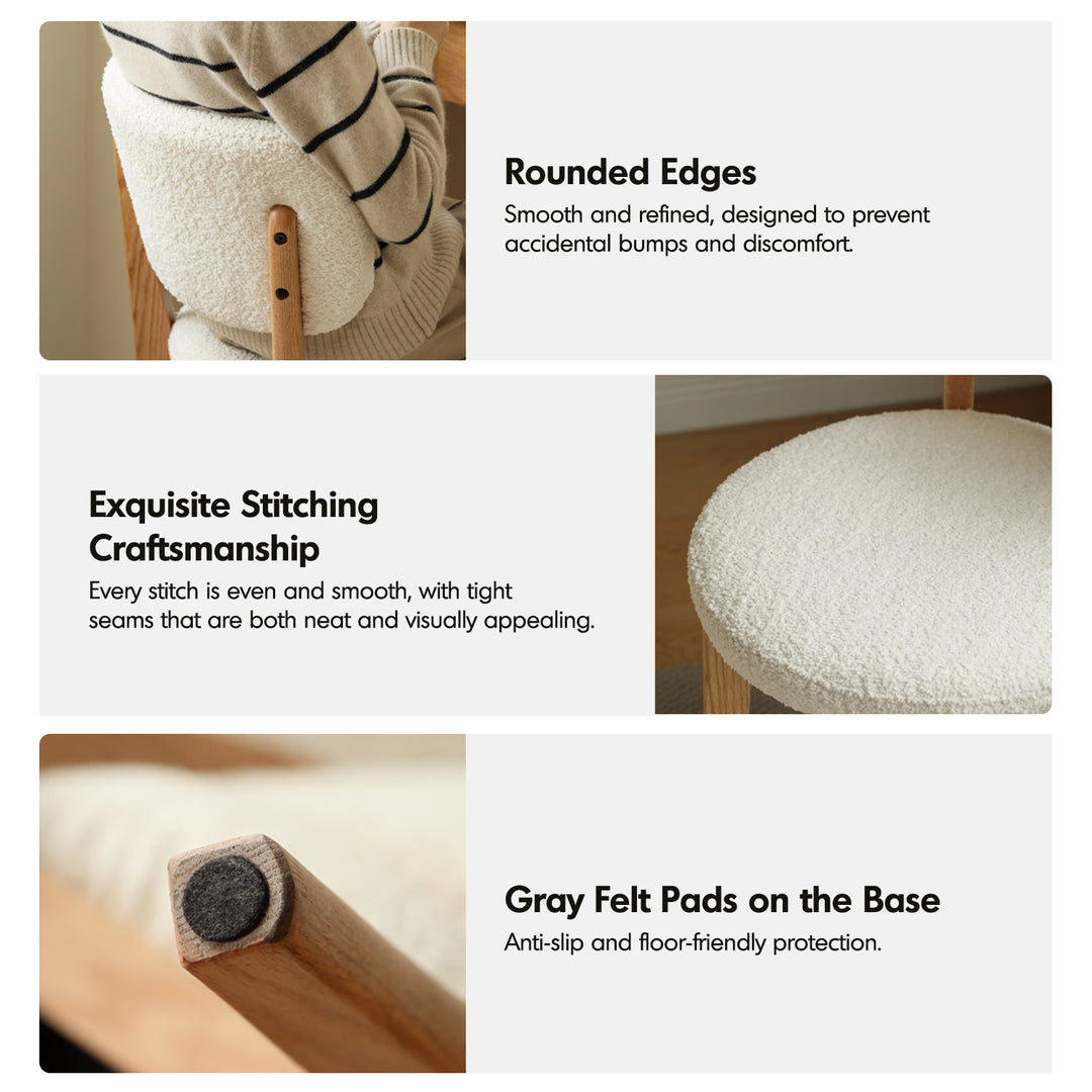 Scandinavian oak wood boucle fabric cover removable dining chair cloud conceptual design.