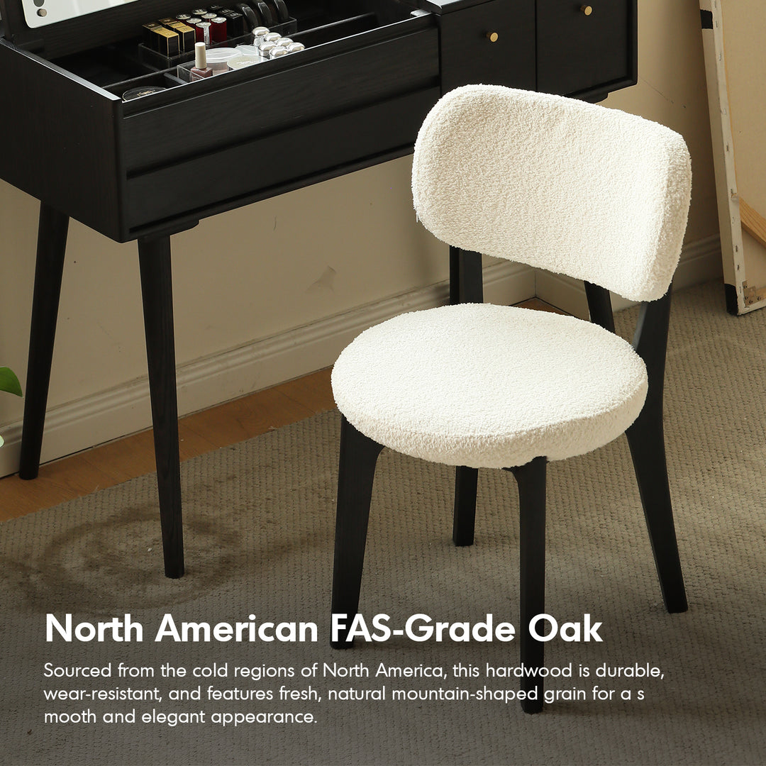 Scandinavian oak wood boucle fabric cover removable dining chair cloud layered structure.