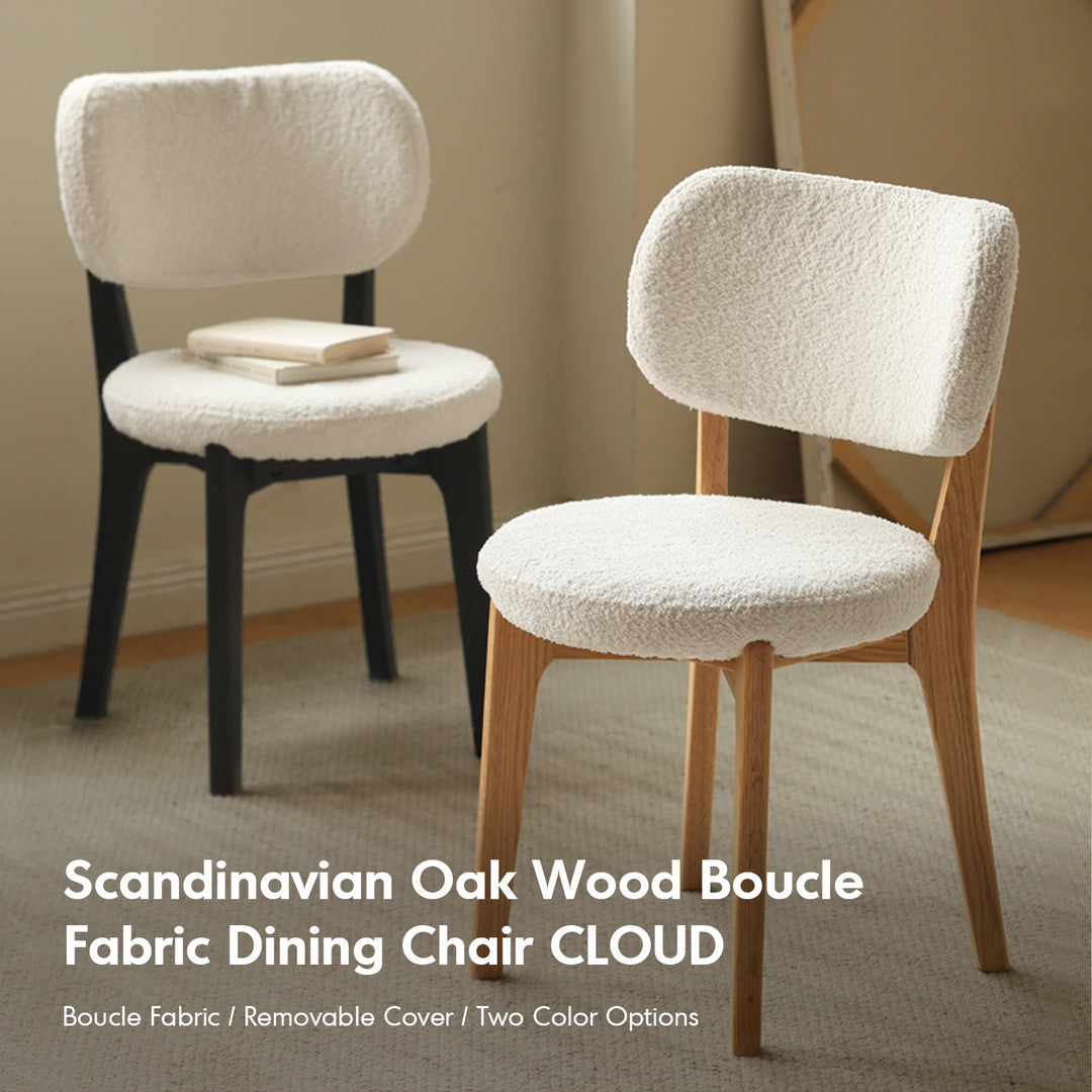 Scandinavian oak wood boucle fabric cover removable dining chair cloud in real life style.
