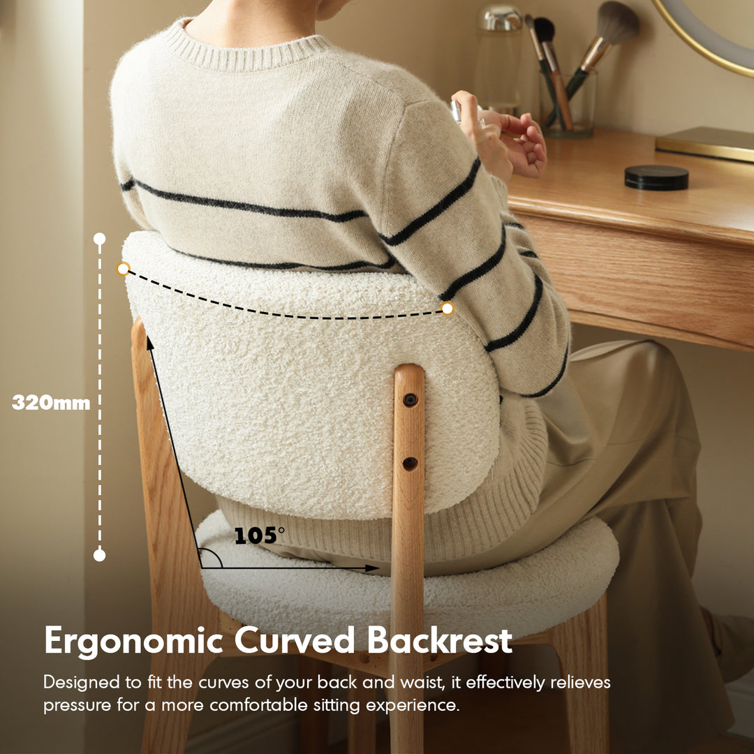 Scandinavian oak wood boucle fabric cover removable dining chair cloud in details.