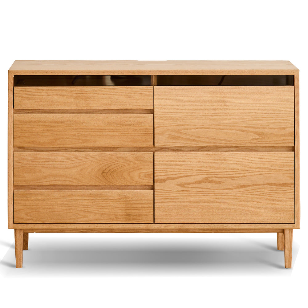 Scandinavian oak wood chest of 6 drawers floating light in white background.