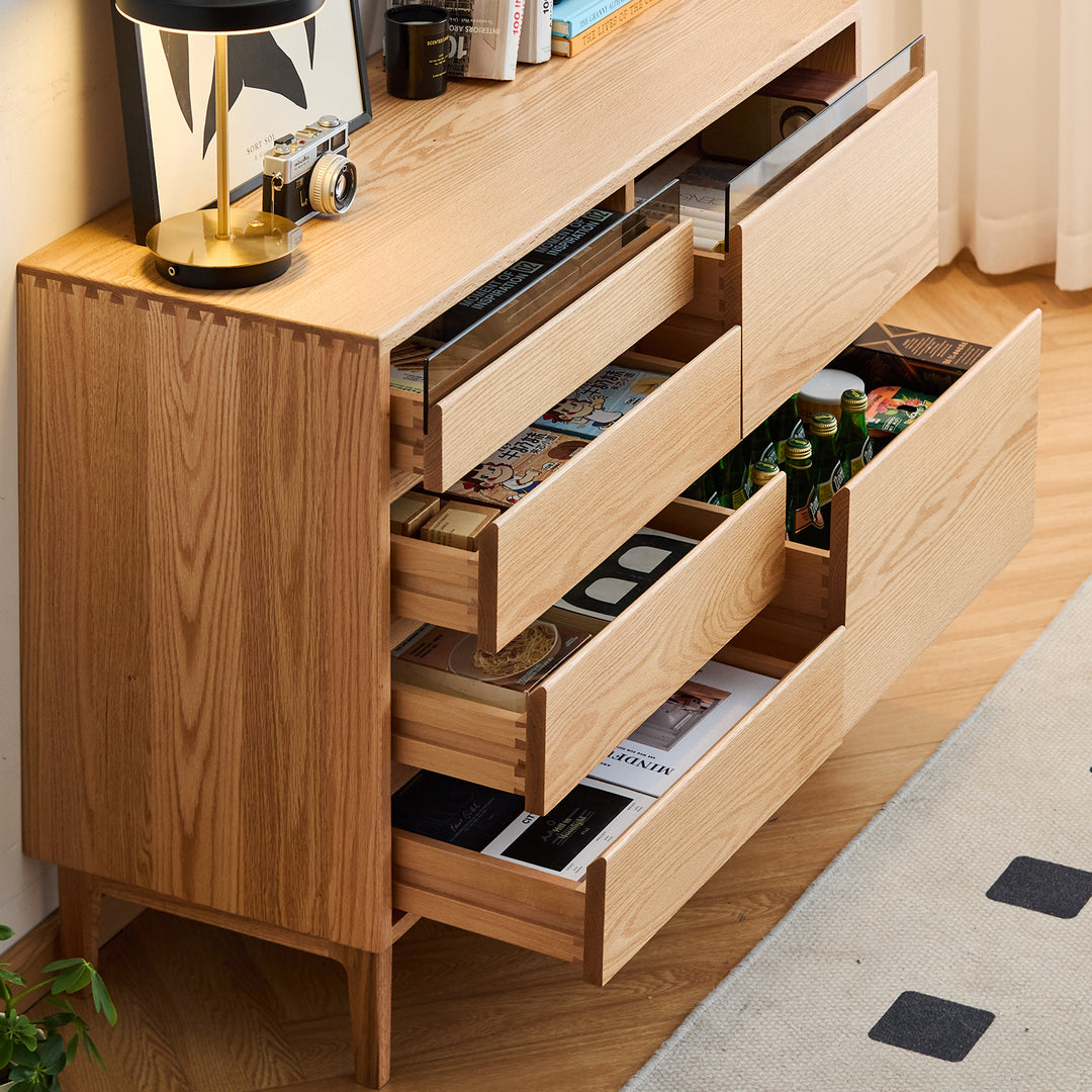 Scandinavian oak wood chest of 6 drawers floating light material variants.