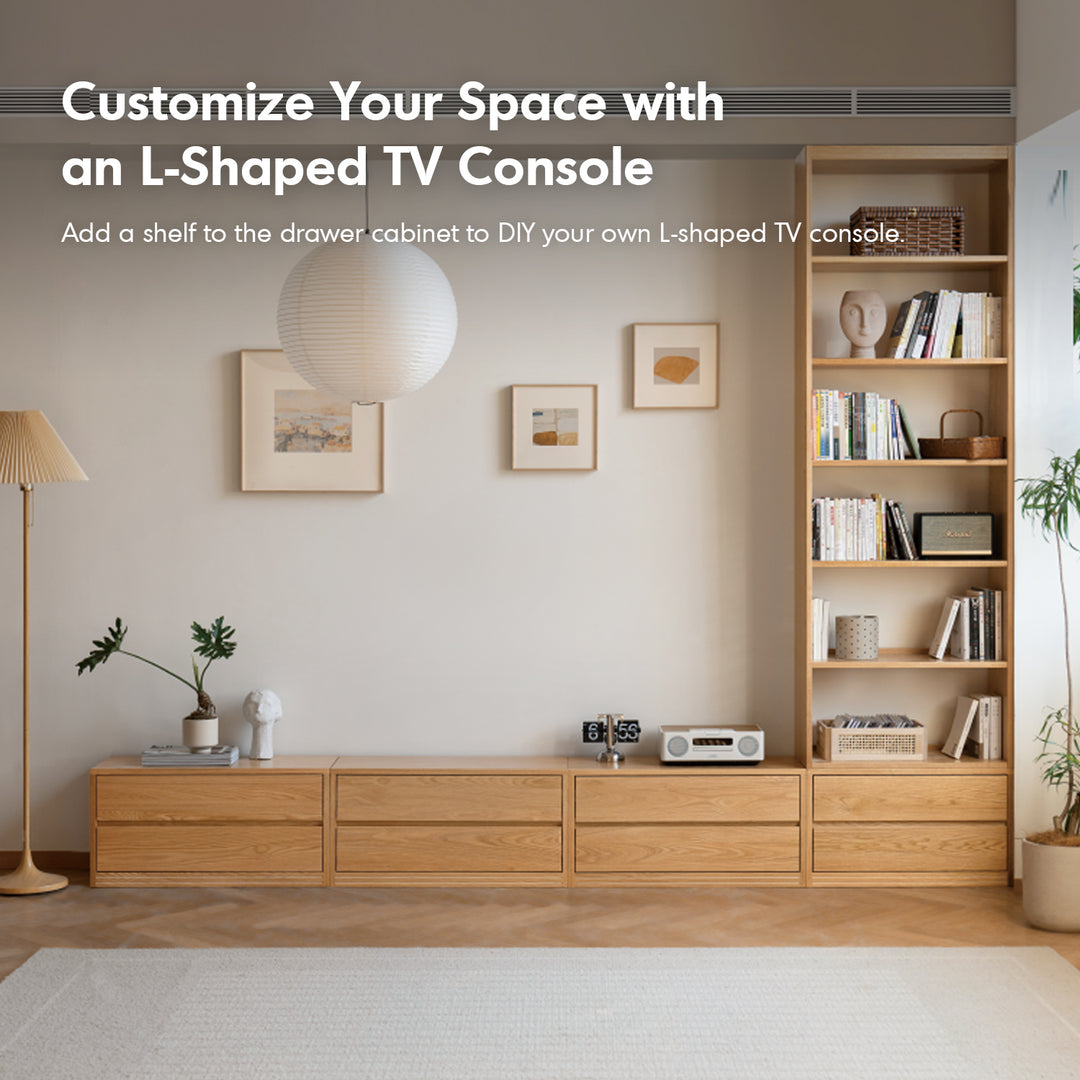 Scandinavian oak wood bookshelf shelfix in panoramic view.