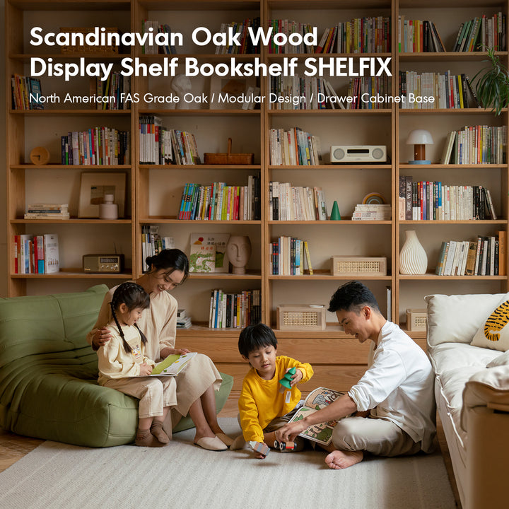 Scandinavian oak wood bookshelf shelfix in real life style.