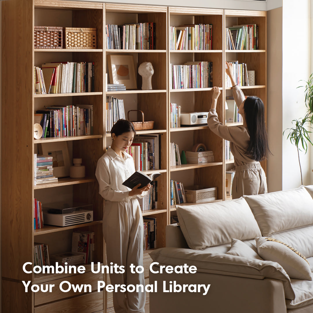 Scandinavian oak wood bookshelf shelfix in close up details.