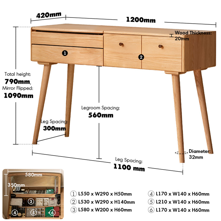 Scandinavian oak wood dressing table aura material variants.