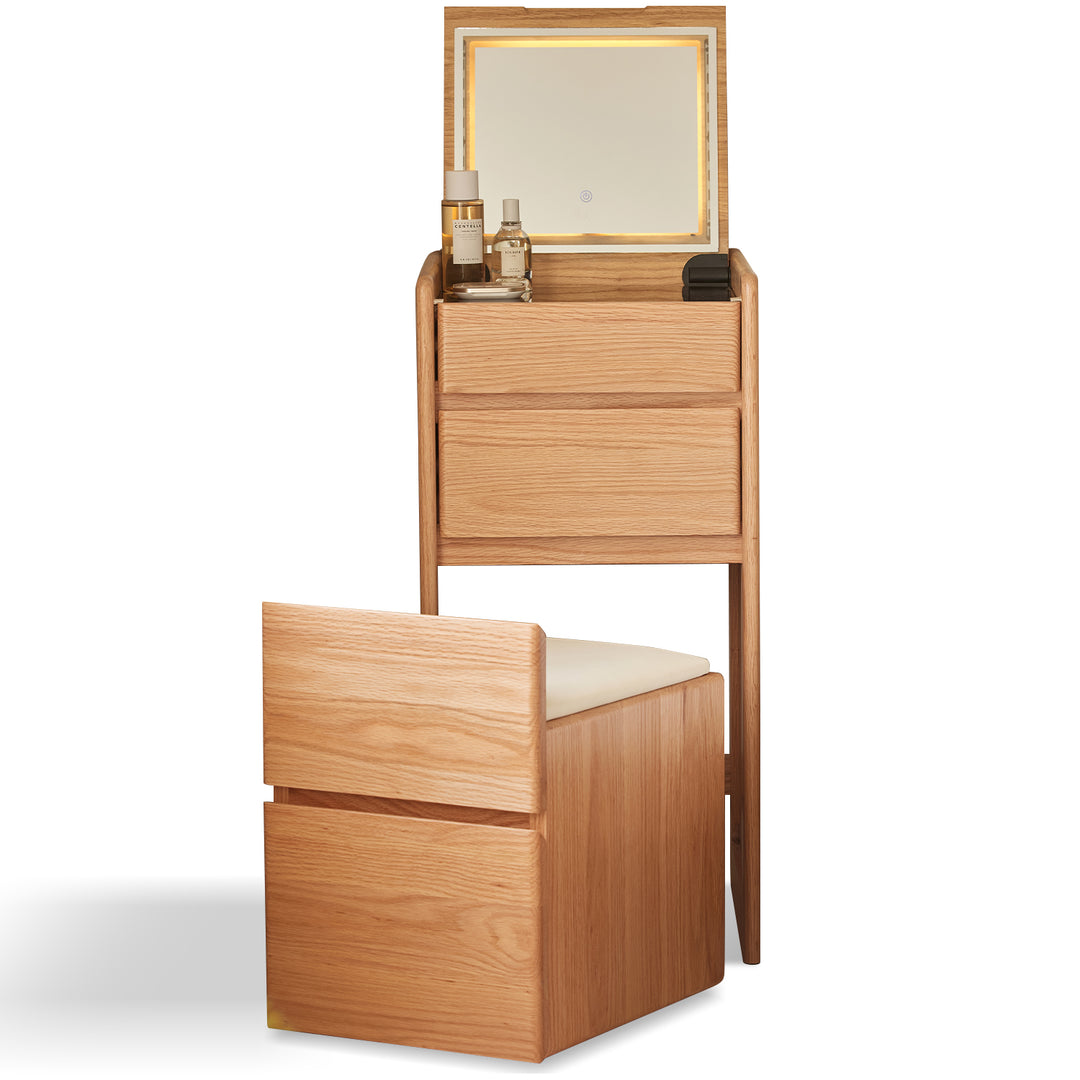 Scandinavian oak wood dressing table classic glam in white background.