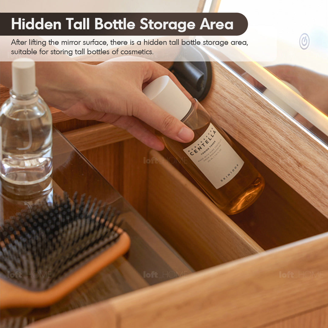 Scandinavian oak wood dressing table classic glam in panoramic view.