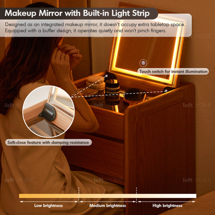 Scandinavian oak wood dressing table classic glam in still life.