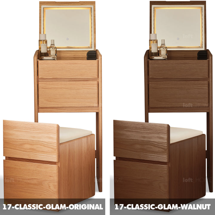 Scandinavian oak wood dressing table classic glam color swatches.