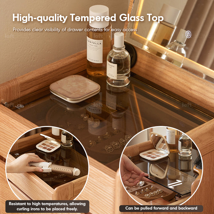 Scandinavian oak wood dressing table classic glam in close up details.