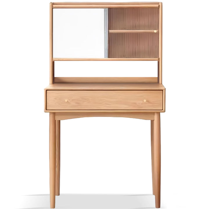 Scandinavian oak wood moru glass dressing table with mirror gleam in white background.