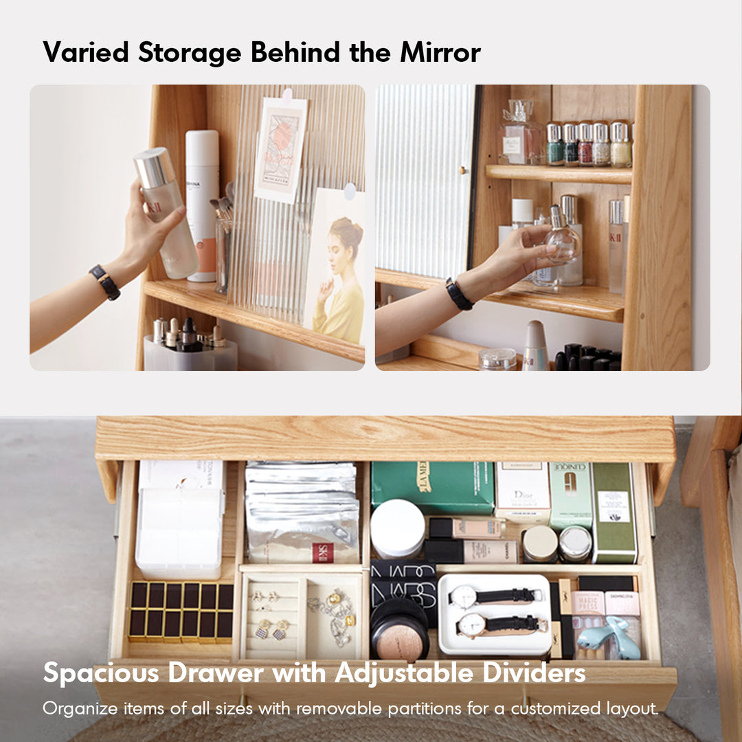 Scandinavian oak wood moru glass dressing table with mirror gleam environmental situation.