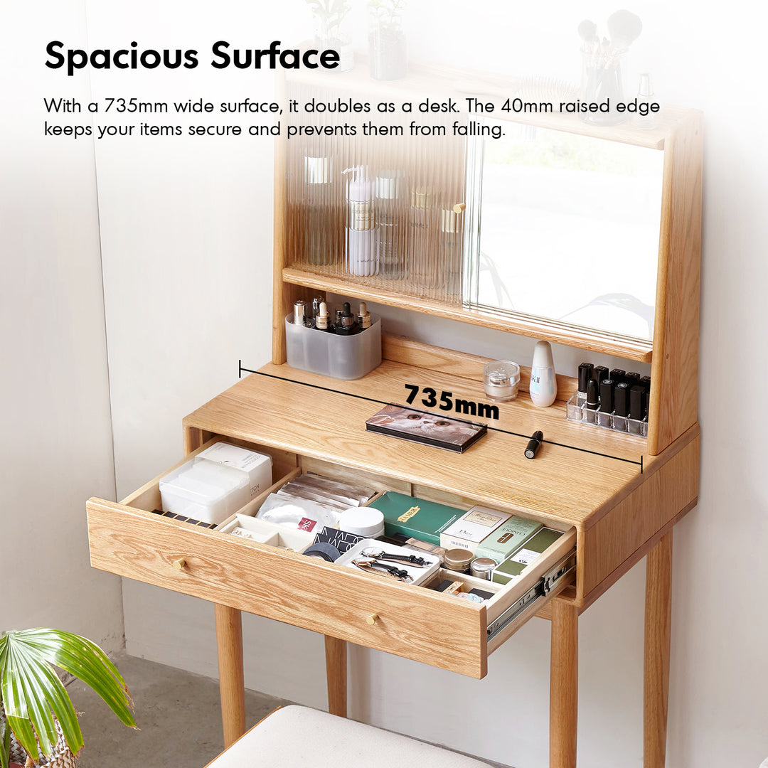 Scandinavian oak wood moru glass dressing table with mirror gleam conceptual design.
