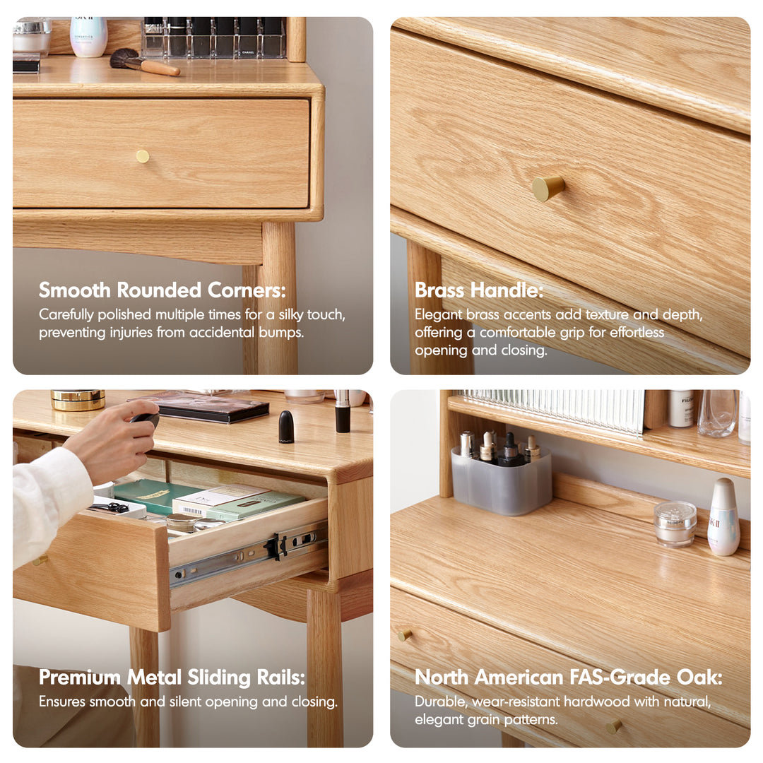 Scandinavian oak wood moru glass dressing table with mirror gleam layered structure.