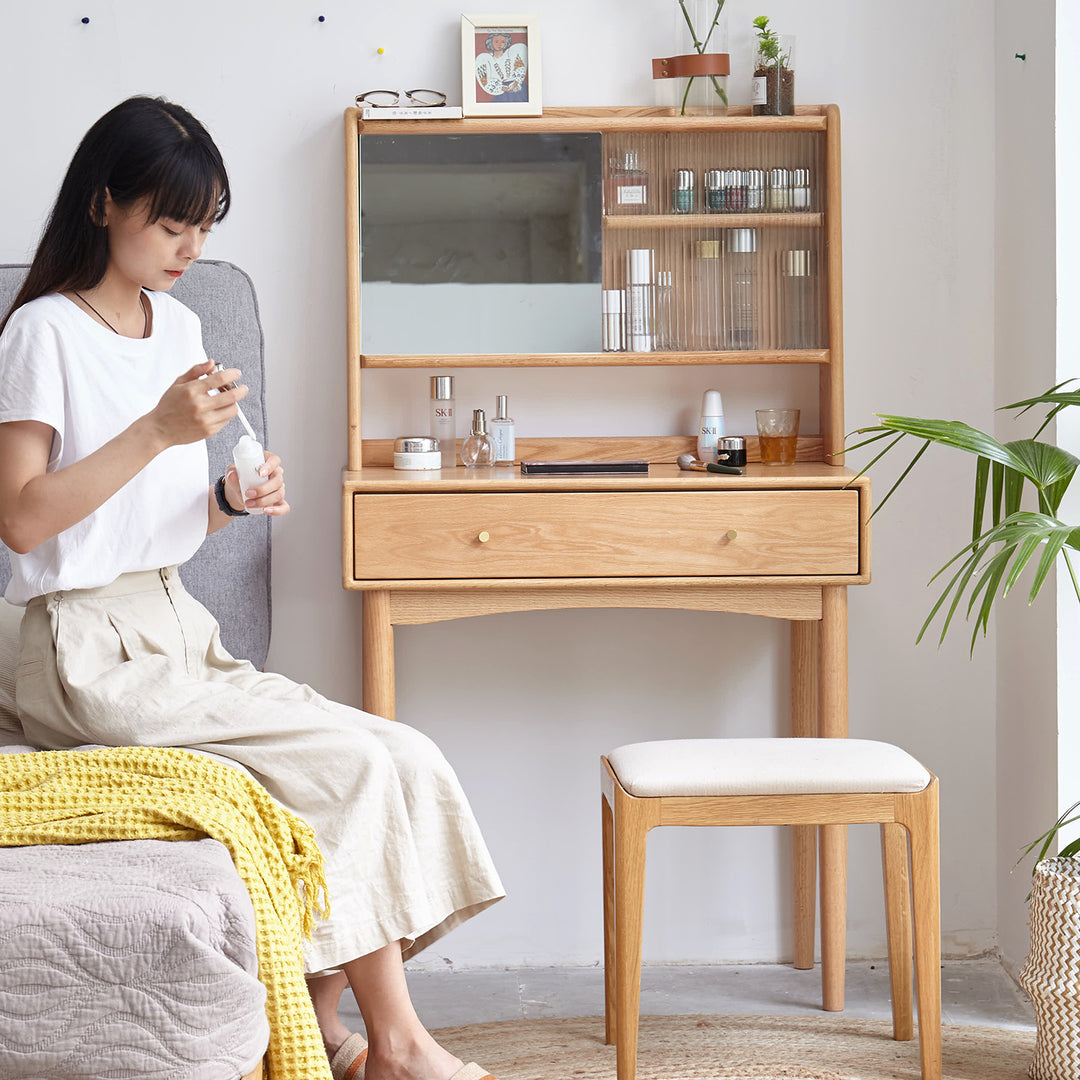 Scandinavian oak wood moru glass dressing table with mirror gleam primary product view.