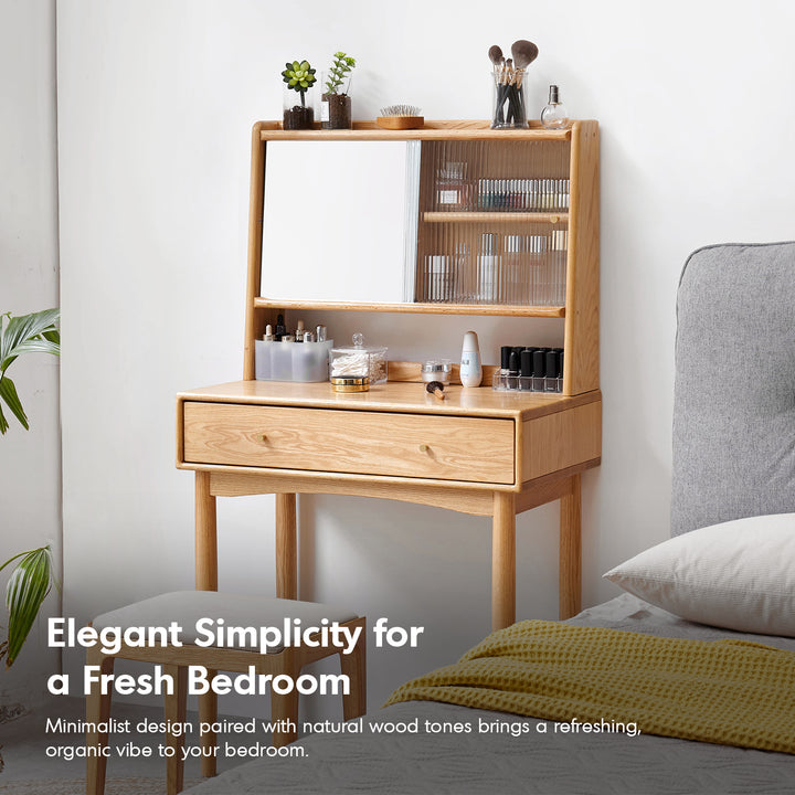 Scandinavian oak wood moru glass dressing table with mirror gleam with context.