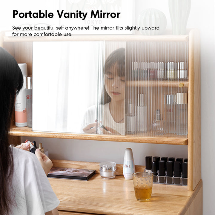 Scandinavian oak wood moru glass dressing table with mirror gleam in panoramic view.