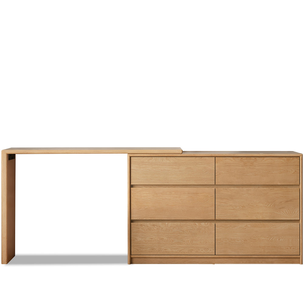 Scandinavian oak wood extendable dressing table with chest of drawers vista in white background.
