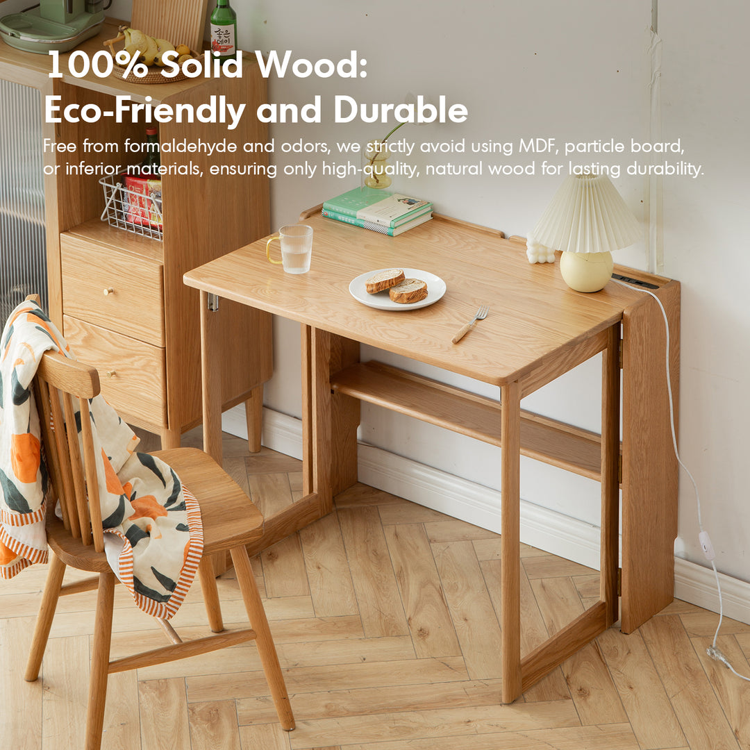 Scandinavian oak wood extendable study table jora in close up details.