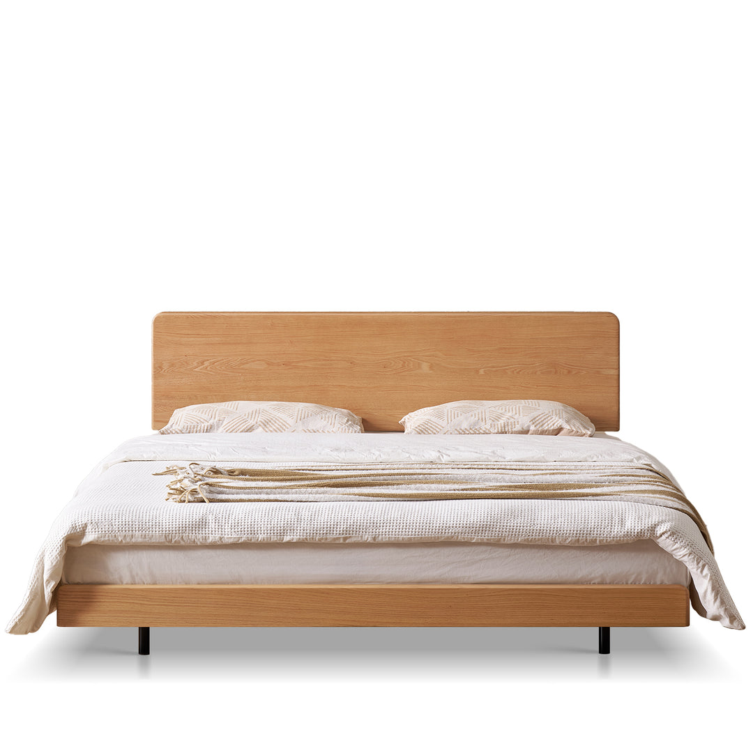 Scandinavian oak wood headboard adjustable floating bed nora in white background.