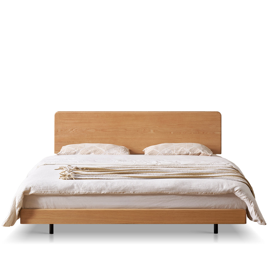 Scandinavian oak wood headboard adjustable floating bed nora in white background.