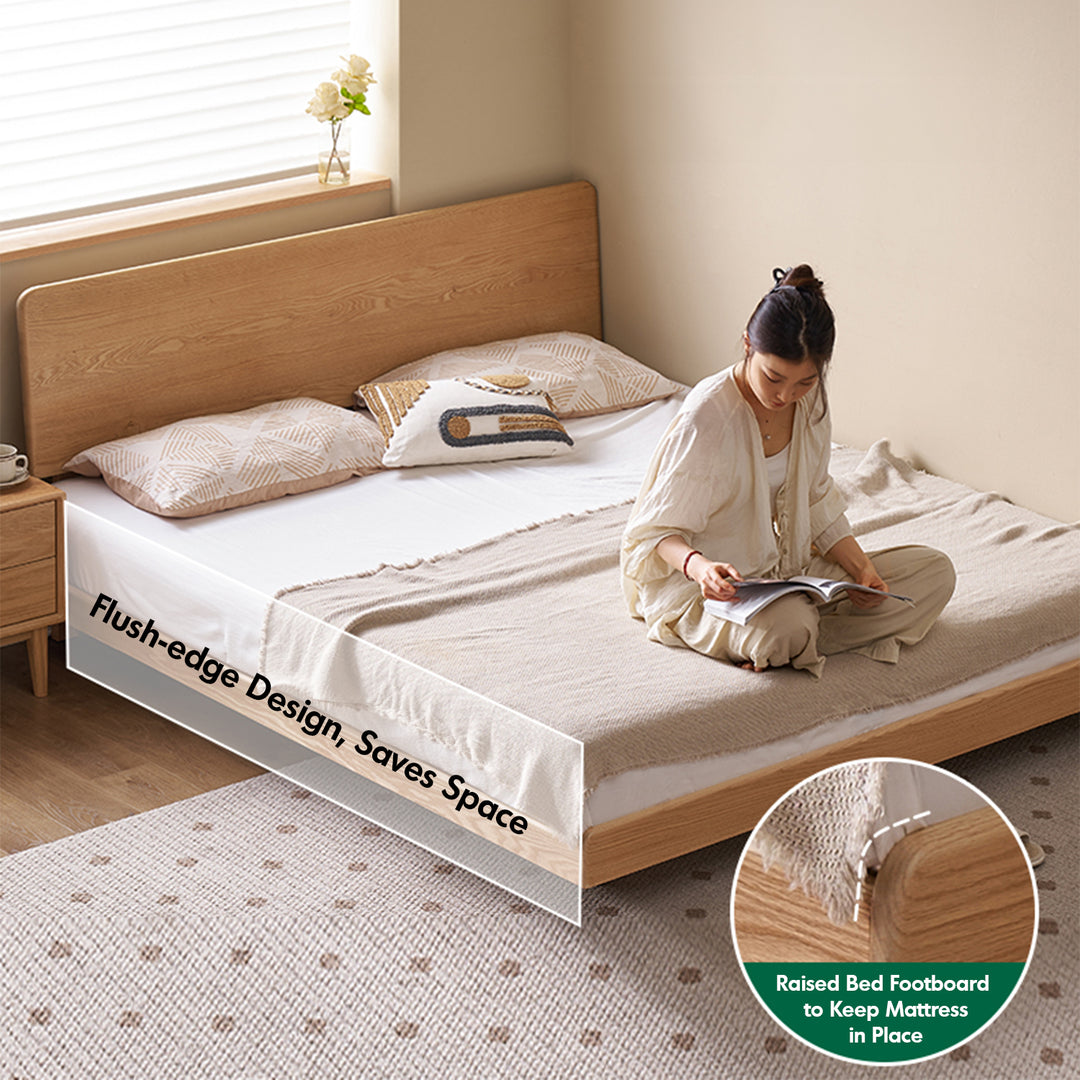 Scandinavian oak wood headboard adjustable floating bed nora in details.