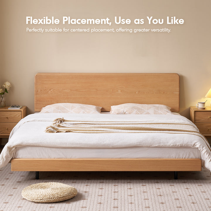 Scandinavian oak wood headboard adjustable floating bed nora in panoramic view.