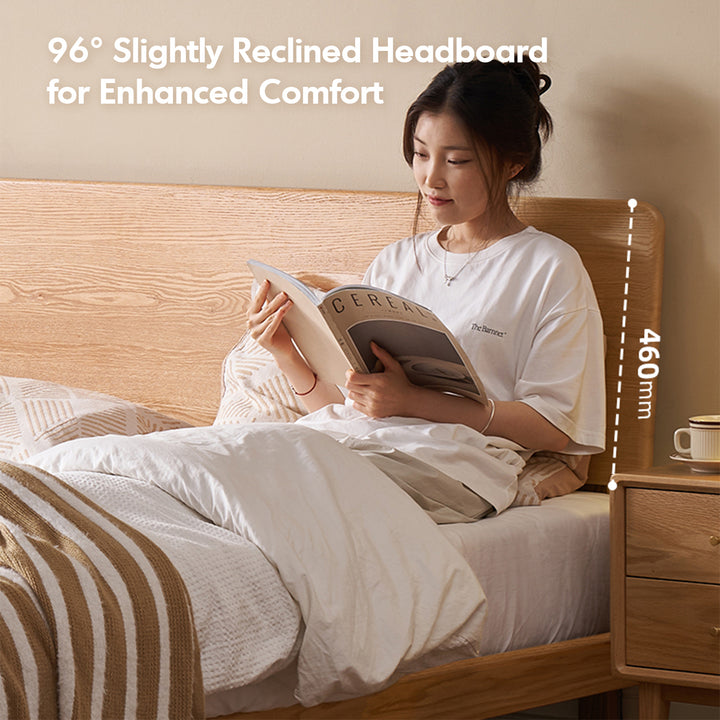 Scandinavian oak wood headboard adjustable floating bed nora in still life.