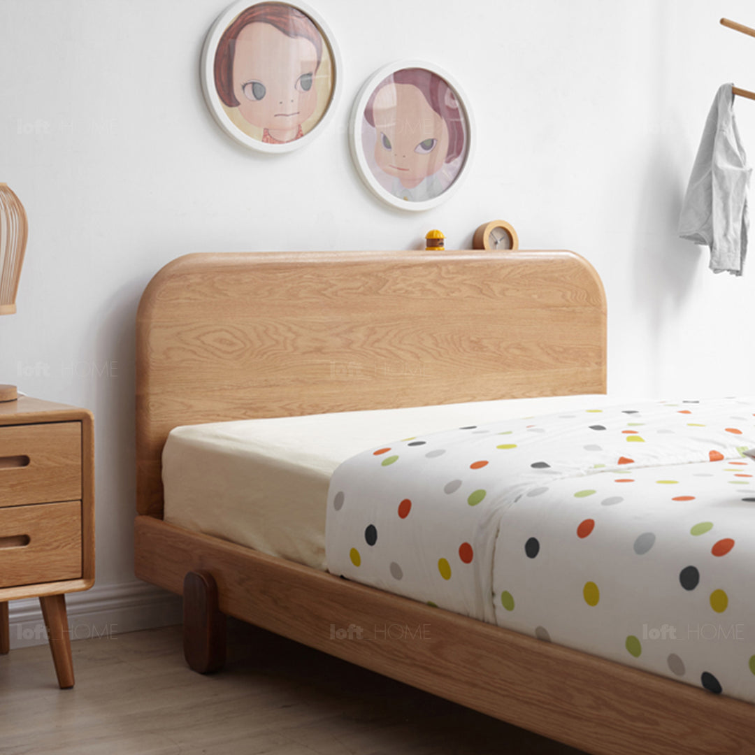 Scandinavian oak wood kids bed peblo in panoramic view.