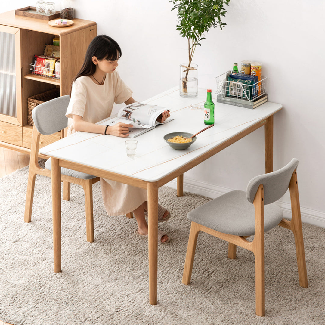 Scandinavian oak wood mixed weave fabric cover removable dining chair nest detail 10.