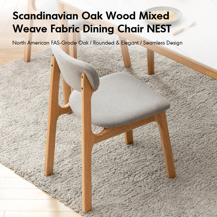 Scandinavian oak wood mixed weave fabric cover removable dining chair nest with context.