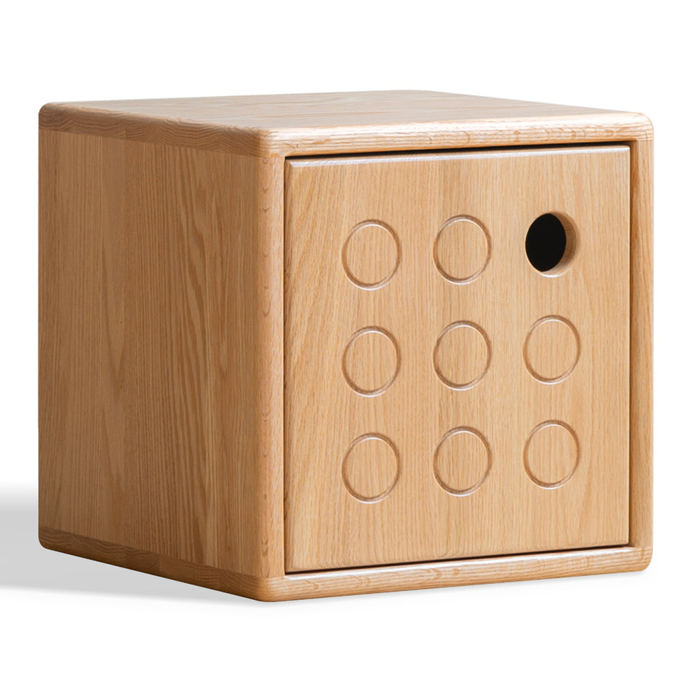 Scandinavian oak wood modular storage cabinet dice in white background.