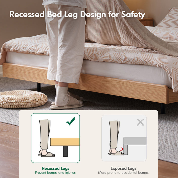 Scandinavian oak wood platform floating bed nora with context.