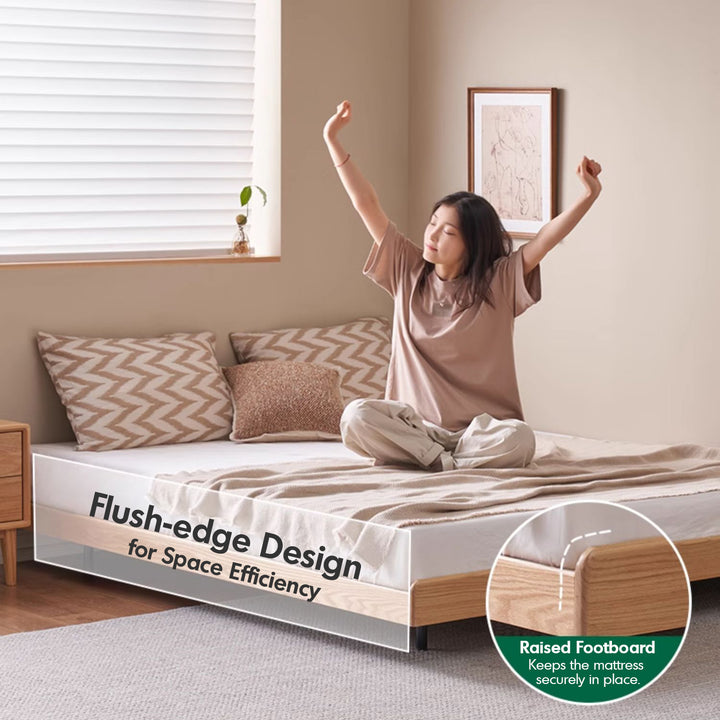 Scandinavian oak wood platform floating bed nora in details.