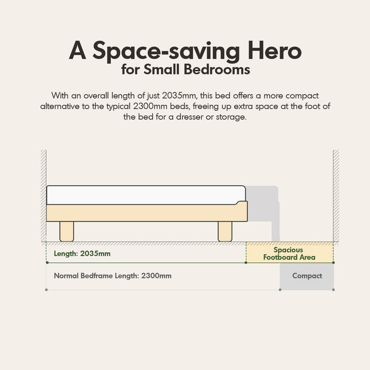 Scandinavian oak wood platform floating bed nora in panoramic view.