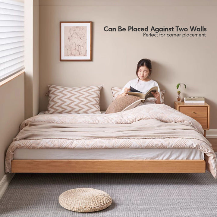 Scandinavian oak wood platform floating bed nora in still life.